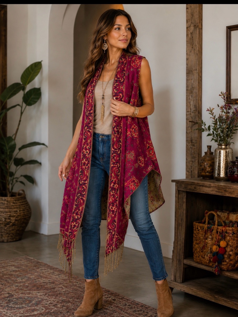 Reversible Boho Wine Floral Fringe Duster Vest